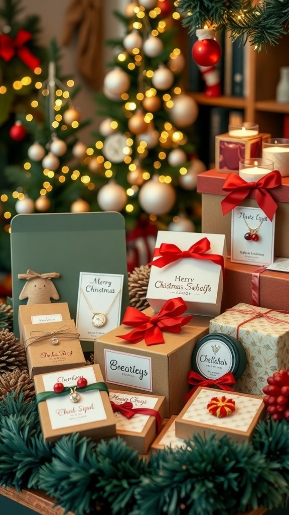 A collection of unique Christmas gifts including jewelry, subscription boxes, and crafts, set against a festive backdrop.